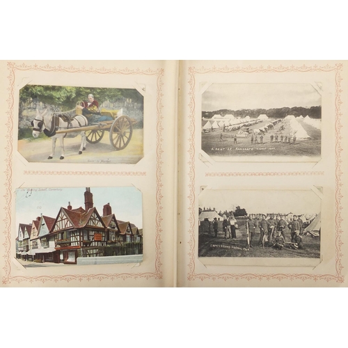 191 - Mostly Military and social history postcards, arranged in an album including Kent Ashford Camp and s... 