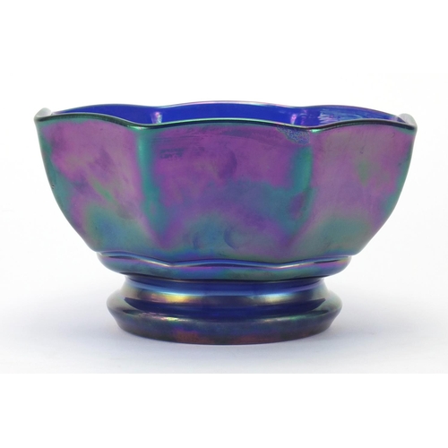 779 - Purple iridescent octagonal glass bowl in the style of Loetz, 11.5cm high x 21cm in diameter