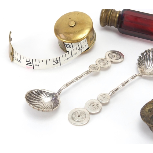 30 - Antique and later objects comprising two Chinese silver spoons, Victorian ruby glass double ended sc... 