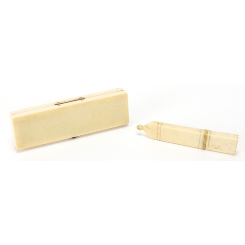 13 - George III rectangular ivory toothpick box, with mirrored back and needle case, both with gold colou... 