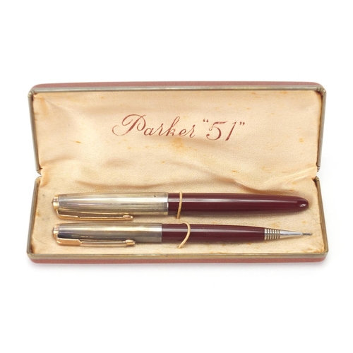 127 - Parker 51 fountain pen and pencil writing set with rolled silver caps and case