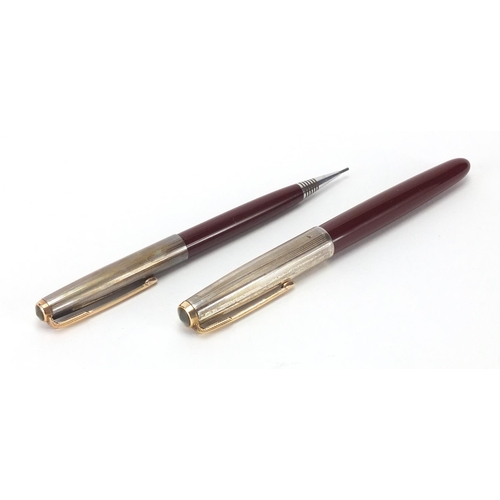 127 - Parker 51 fountain pen and pencil writing set with rolled silver caps and case