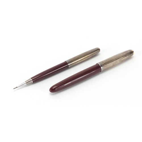 127 - Parker 51 fountain pen and pencil writing set with rolled silver caps and case