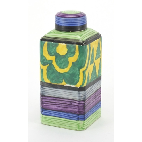 804 - Carlton Ware lidded tea caddy with square tapering body, hand painted with an abstract design, facto... 