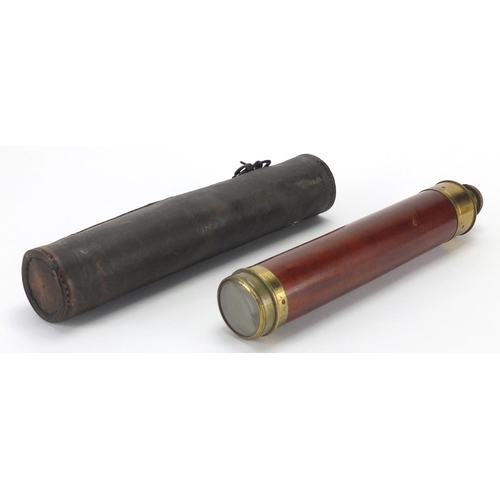 116 - Victorian mahogany and brass three drawer telescope, with leather case, 28cm in length (when closed)