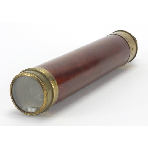 116 - Victorian mahogany and brass three drawer telescope, with leather case, 28cm in length (when closed)