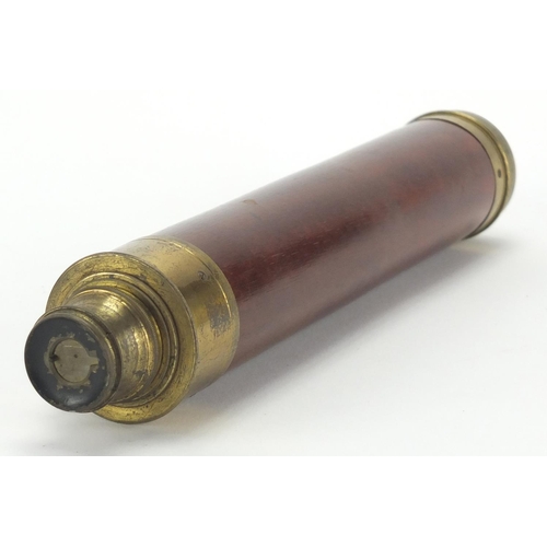 116 - Victorian mahogany and brass three drawer telescope, with leather case, 28cm in length (when closed)