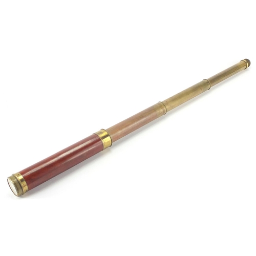 116 - Victorian mahogany and brass three drawer telescope, with leather case, 28cm in length (when closed)