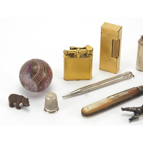 39 - Antique and later objects including three Dunhill lighters, unmarked gold globular locket pendant, G... 