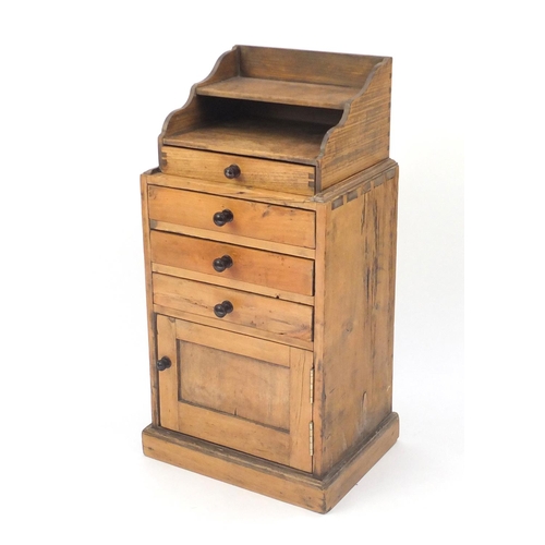 21 - Antique pine stationery cupboard fitted with four drawers and a cupboard door, 92cm H x 46cm W x 35c... 