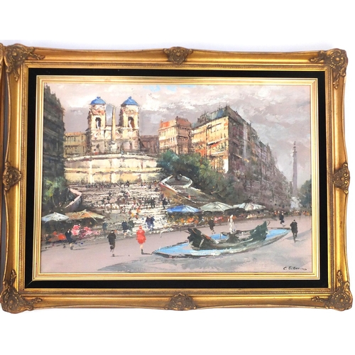 28 - Pair of Parisian scenes, oil on canvas, gilt framed, 68cm x 48cm