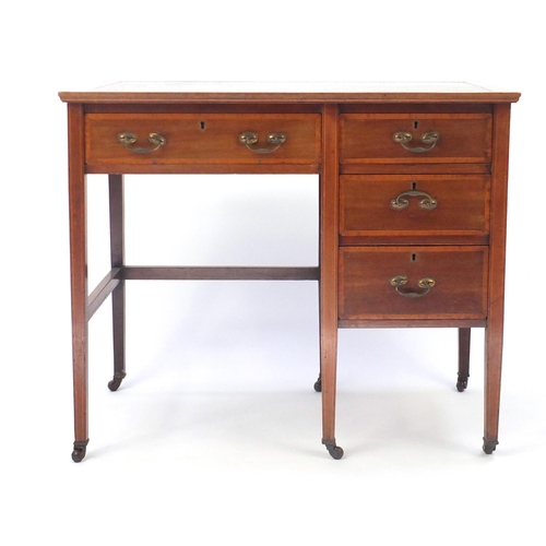 19 - Edwardian cross banded mahogany writing desk, with tooled leather top, fitted with four drawers, 76c... 