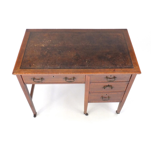 19 - Edwardian cross banded mahogany writing desk, with tooled leather top, fitted with four drawers, 76c... 