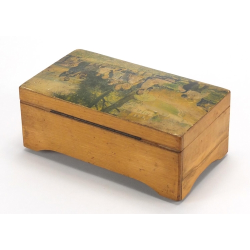 134 - Rectangular boxwood music box, the hinged lid decorated with figures walking in a field, opening to ... 