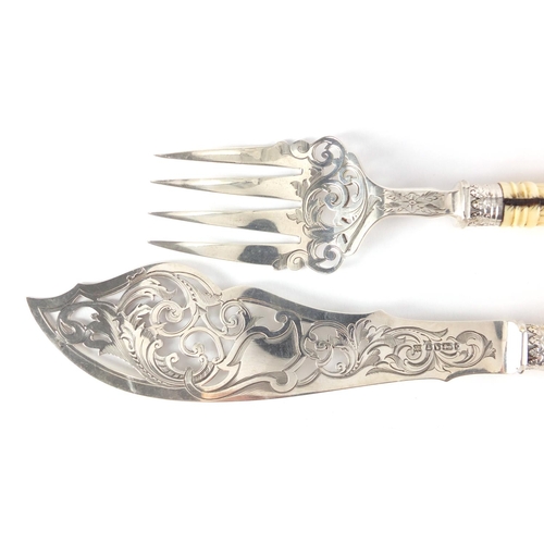 14 - Pair of Victorian silver fish servers with Shibayama  handles depicting insects, one with character ... 