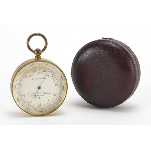 118 - Brass pocket compensated barometer by Negretti and Zambra of London, housed in a silk and velvet lin... 