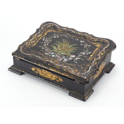 68 - Victorian black lacquered Papier-mâché writing slope, with Mother of Pearl inlay and fitted interior... 