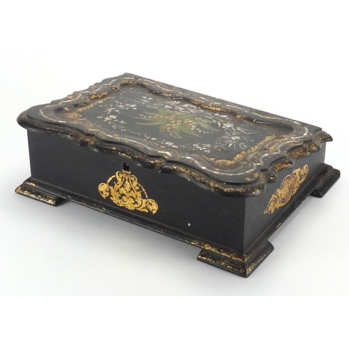 68 - Victorian black lacquered Papier-mâché writing slope, with Mother of Pearl inlay and fitted interior... 