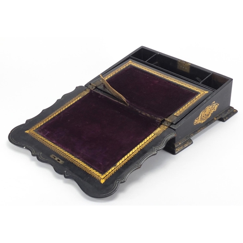 68 - Victorian black lacquered Papier-mâché writing slope, with Mother of Pearl inlay and fitted interior... 