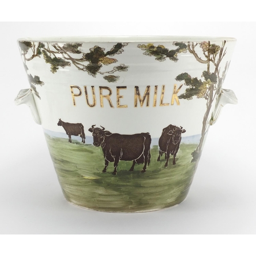 734 - Victorian Pure Milk pail by The Dairy Supply Co with twin handles, printed with cows grazing, 27cm h... 