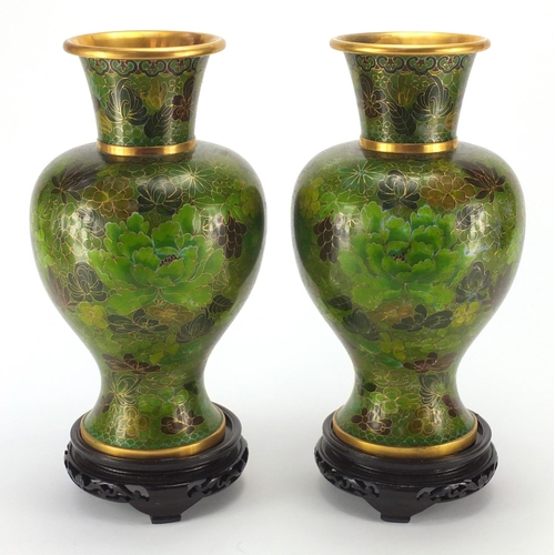 2360 - Pair of Chinese cloisonné enamelled vases, both with  hardwood stands and housed in a fitted box, 35... 