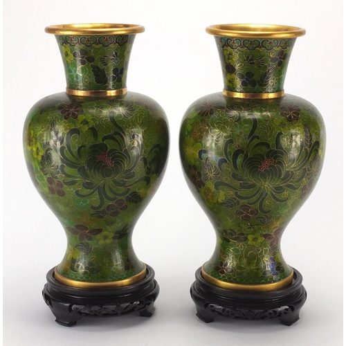 2360 - Pair of Chinese cloisonné enamelled vases, both with  hardwood stands and housed in a fitted box, 35... 