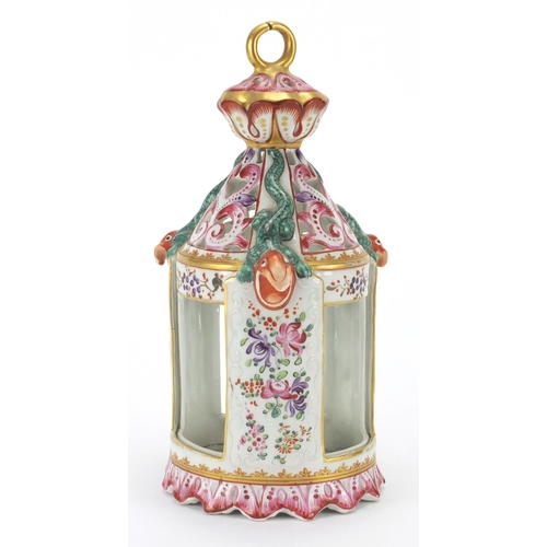 2310 - Samson porcelain hanging night light of lantern form, hand painted and gilded with flowers, 25cm hig... 