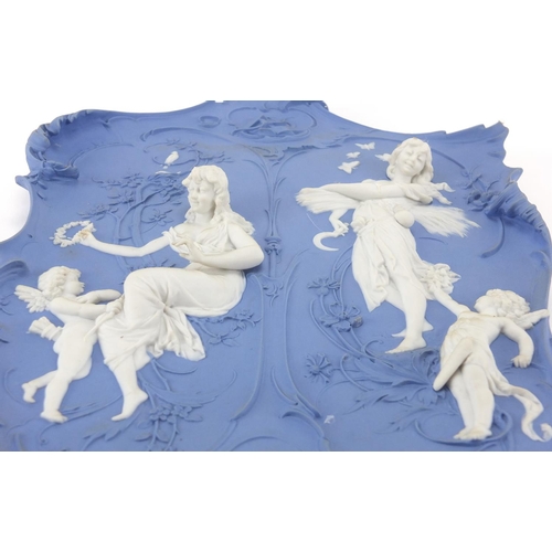 2280 - Continental Parian wall plaque, decorated in relief with two maidens and putti, 33cm x 25cm