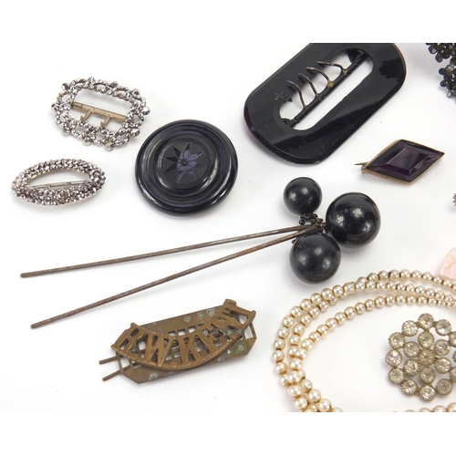 2520 - Vintage jewellery, glove stretchers and hair pieces including cut steel, bone and jet