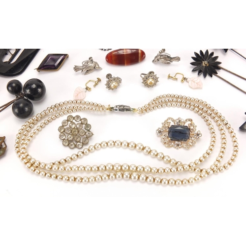 2520 - Vintage jewellery, glove stretchers and hair pieces including cut steel, bone and jet