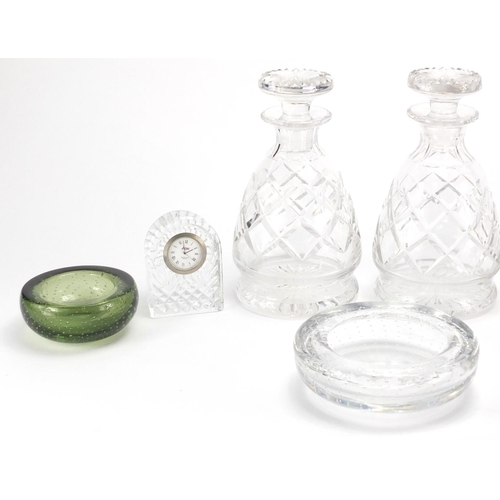 2276 - Cut glassware and three Whitefriars bubble glass dishes, including a Waterford Crystal clock and a p... 