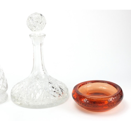 2276 - Cut glassware and three Whitefriars bubble glass dishes, including a Waterford Crystal clock and a p... 