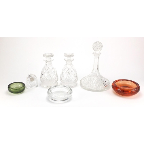 2276 - Cut glassware and three Whitefriars bubble glass dishes, including a Waterford Crystal clock and a p... 