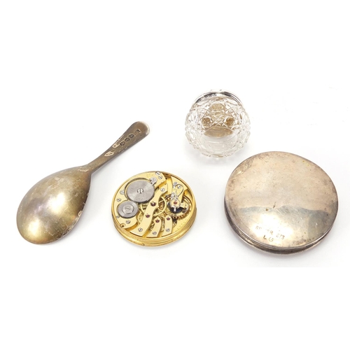 2510 - Silver items including Georgian caddy spoon, circular compact, a cut glass pot and a C. Hofman pocke... 