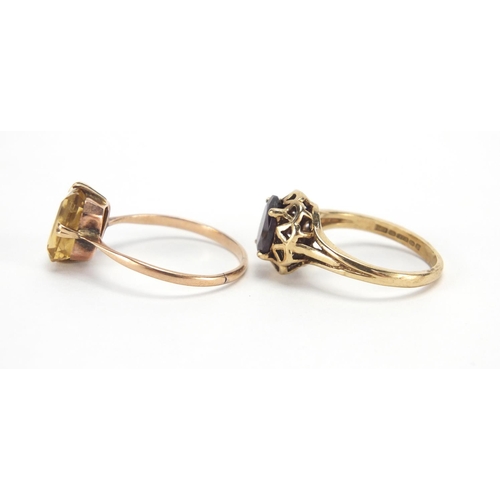 2639 - Two 9ct gold rings set with garnets and citrine, sizes L and Q, approximate weight 4.8g