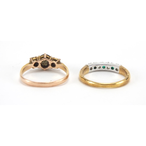 2669 - Two 9ct gold green and clear stone rings, size N and P, approximate weight 4.6g