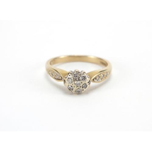 2672 - 9ct gold diamond cluster ring, size L, approximate weight 2.3g