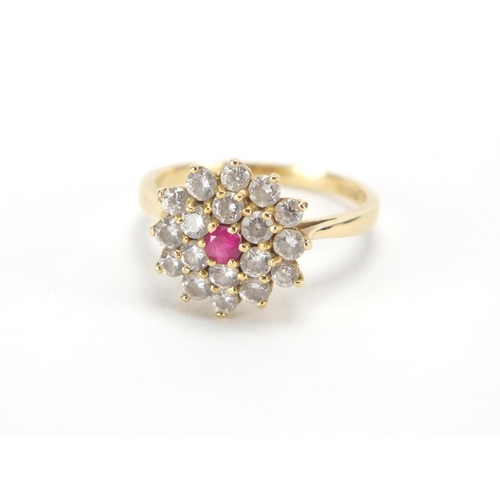 2805 - 18ct gold pink and clear stone three tier cluster ring, size N, approximate weight 4.0g