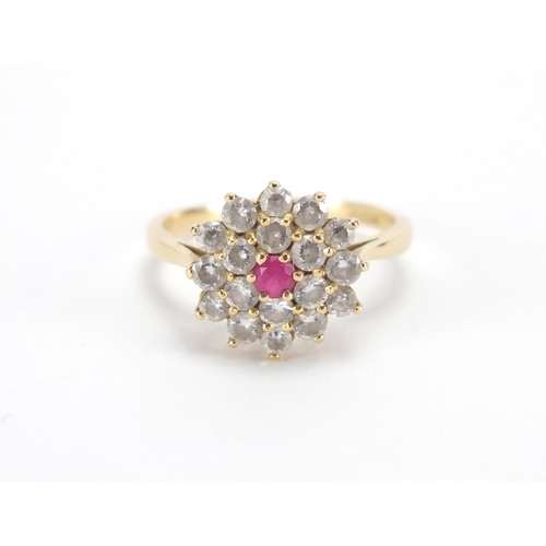 2805 - 18ct gold pink and clear stone three tier cluster ring, size N, approximate weight 4.0g