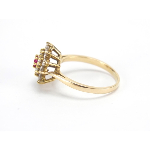 2805 - 18ct gold pink and clear stone three tier cluster ring, size N, approximate weight 4.0g