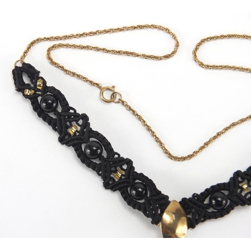 2707 - 9ct gold black jet and cord necklace, 44cm in length, approximate weight 6.4g