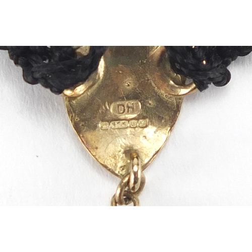 2707 - 9ct gold black jet and cord necklace, 44cm in length, approximate weight 6.4g