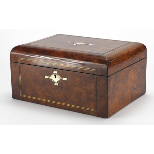 2156 - Victorian rosewood sewing box with Mother of Pearl and abalone inlay, opening to reveal a fitted lif... 