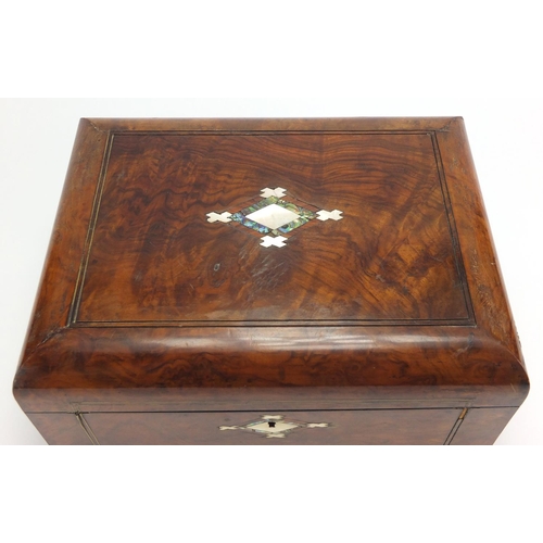 2156 - Victorian rosewood sewing box with Mother of Pearl and abalone inlay, opening to reveal a fitted lif... 