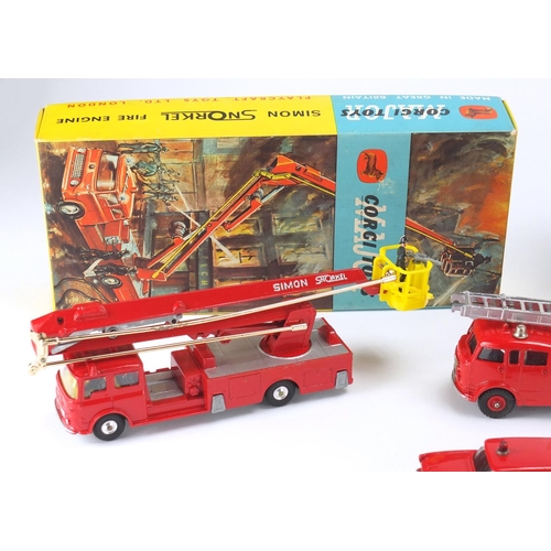 654 - Dinky Super toys fire service gift set 957 and two Corgi sets, constructor set 24 and Simon Snorkel ... 