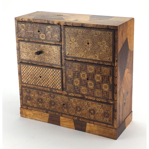 2122 - Japanese parquetry inlaid wooden table top chest, 35.5cm H x 36cm W x 14cm W