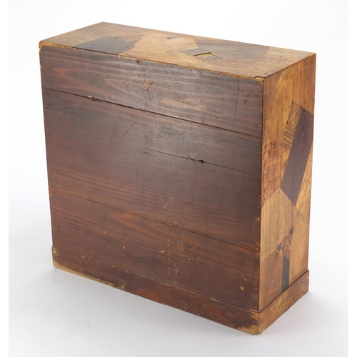 2122 - Japanese parquetry inlaid wooden table top chest, 35.5cm H x 36cm W x 14cm W