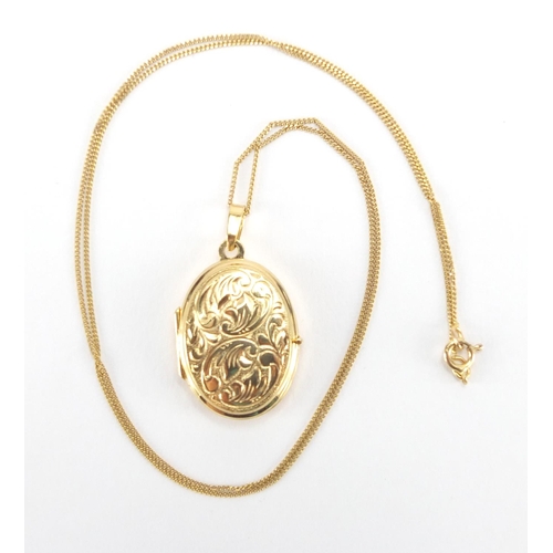 2712 - 9ct gold locket with floral chased decoration, on a 9ct gold necklace, the locket 3cm in length, app... 