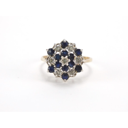 2681 - 9ct gold sapphire and diamond four tier flower head ring, size S, approximate weight 3.0g