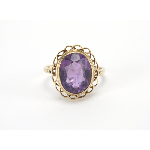 2658 - 9ct gold amethyst solitaire ring, size N, approximate weight 3.3g